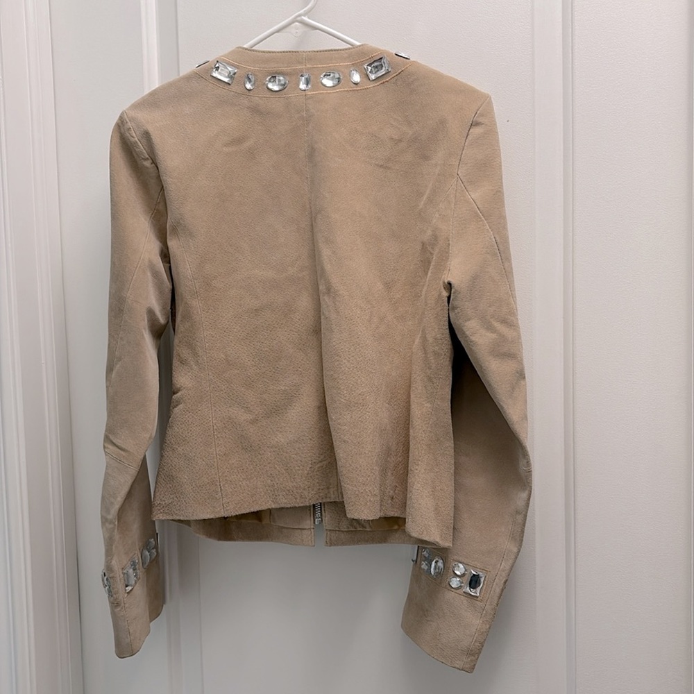 Boston Proper Rhinestone Accented Zip-Up Suede Leather Jacket Size 8 - Picture 10 of 13